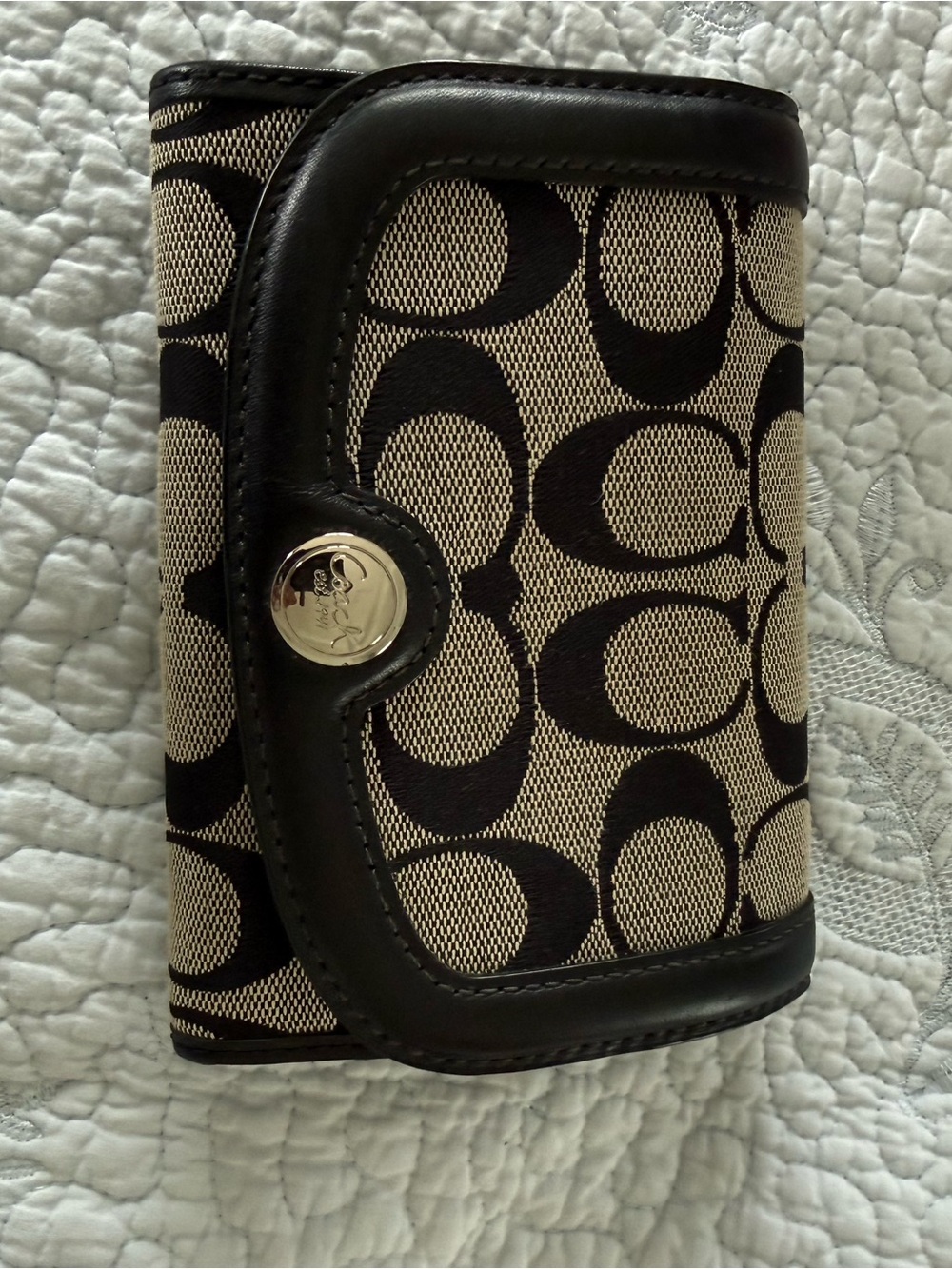 Coach Khaki and Black Signature Canvas Trifold Wallet